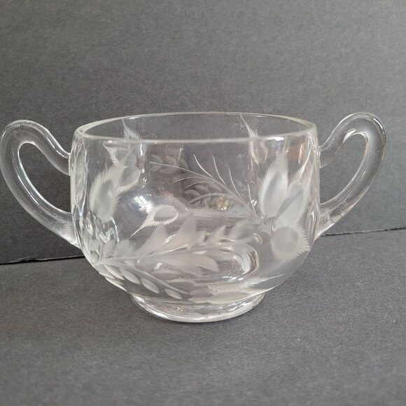 Vintage Glass Creamer & Sugar Bowl Set With Floral Etched Design - Elegant Clear - Picture 5 of 10